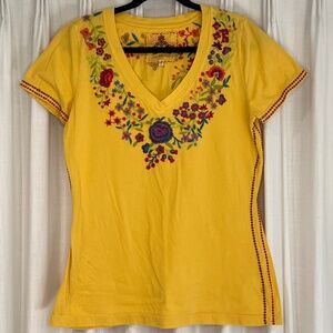 Johnny Was Yellow Floral Embroidered Short Sleeve Top